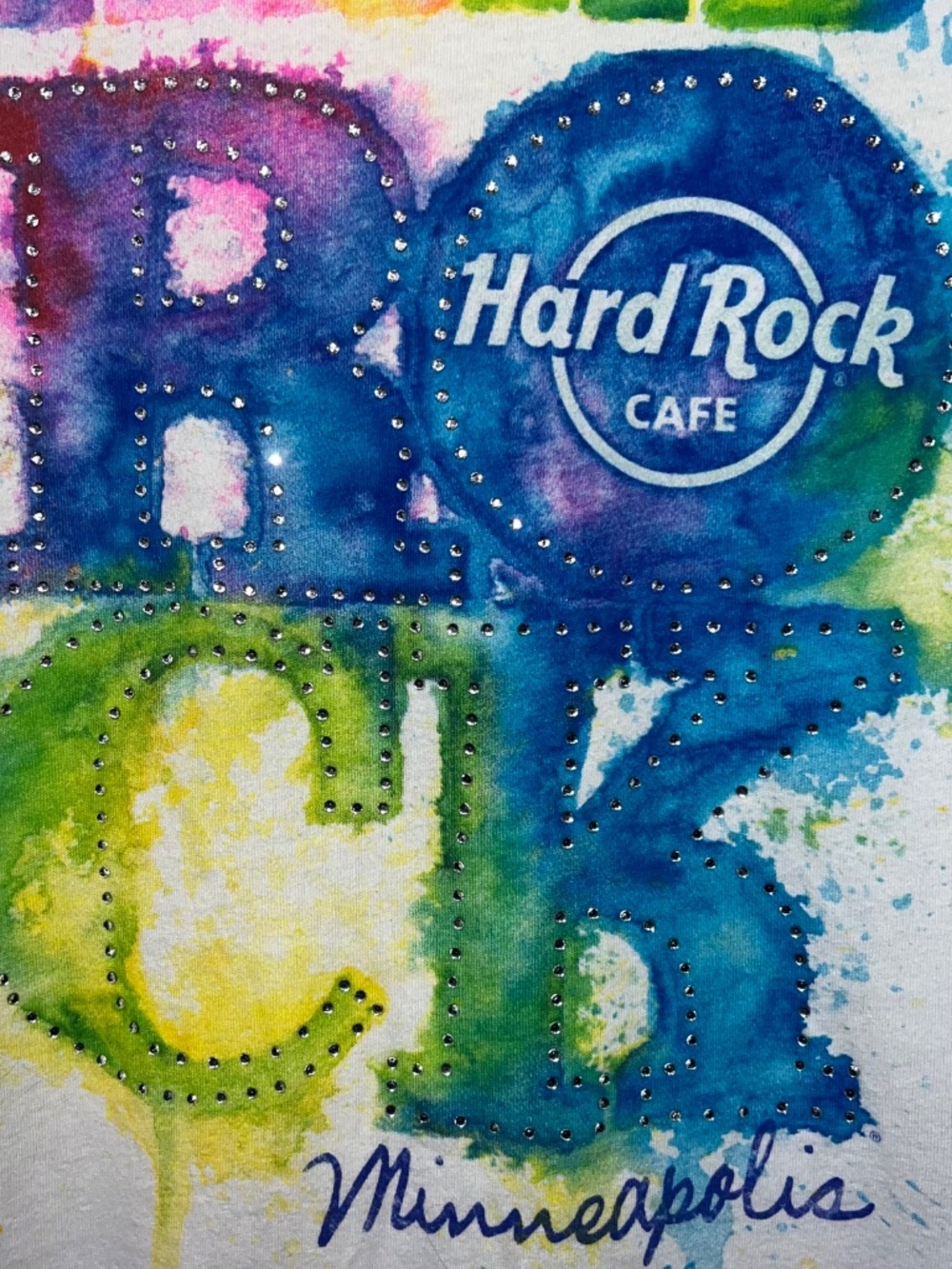 |•HARD ROCK CAFE•| White Multicolor Rhinestone Minneapolis MN T-Shirt Size Small - Picture 4 of 10